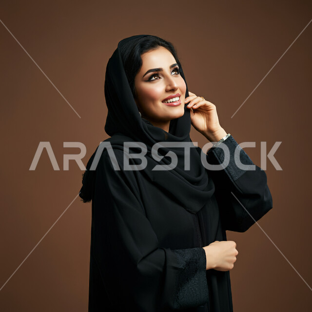 الاعتناء بالمظهر الخارجي والشياكة والأناقة, تعابير السعادة والسرور ، بورتريه مقرب لإمرأة عربية خليجية سعودية محجبة مبتسمة ترتدي العباءة السوداء تنظر إلى مكان ما في الأعلى بإيماءات الثقة بالنفس والفرح، مفهوم الأنوثة والنعومة لدى النساء السعوديات، خلفية بنية