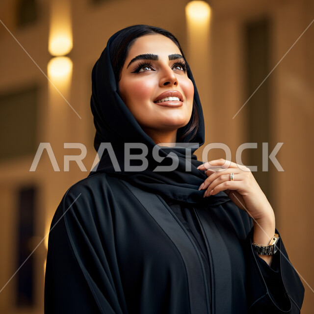 The concept of femininity and softness among Saudi women, elegance and chicness and interest in outward appearance, expressions of happiness and pleasure, a close-up image of a smiling veiled Saudi Arabian Gulf woman wearing a black abaya looking somewhere above with gestures of self-confidence and joy