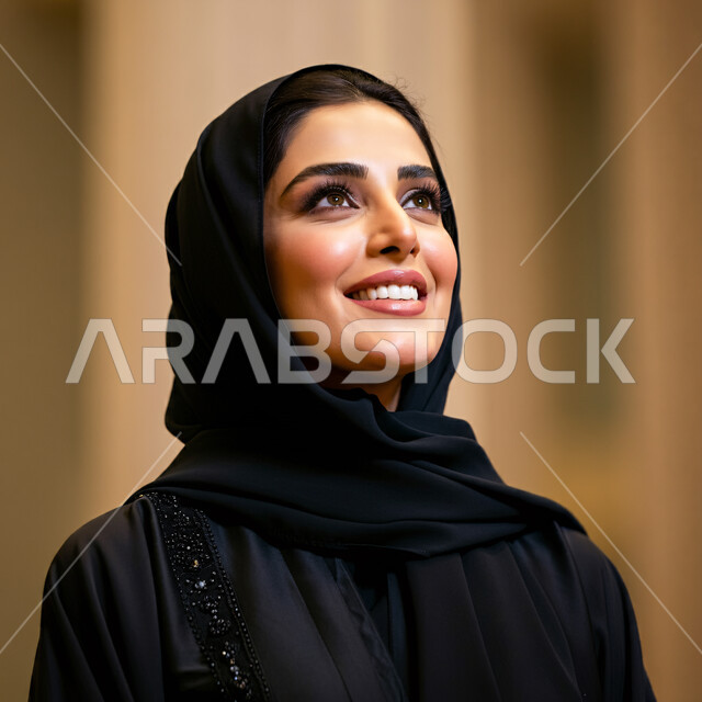 مفهوم الأنوثة والنعومة لدى النساء السعوديات، الشياكة والأناقة والاهتمام بالمظهر الخارجي, تعابير السعادة والسرور ، صورة مقربة لإمرأة عربية خليجية سعودية محجبة مبتسمة ترتدي العباءة السوداء تنظر إلى مكان ما في الأعلى بإيماءات الثقة بالنفس والفرح