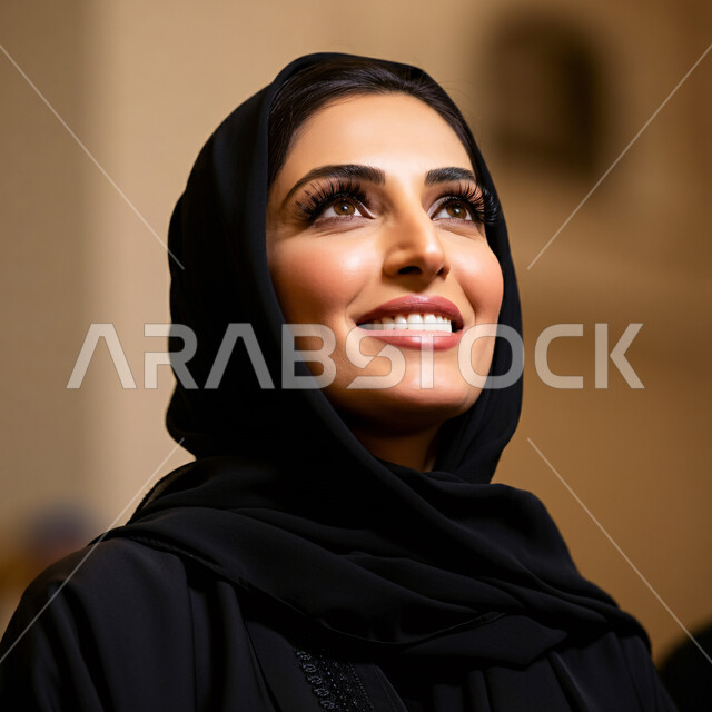 مفهوم الأنوثة والنعومة لدى النساء السعوديات، الشياكة والأناقة والاهتمام بالمظهر الخارجي, تعابير السعادة والسرور ، صورة مقربة لإمرأة عربية خليجية سعودية محجبة مبتسمة ترتدي العباءة السوداء تنظر إلى مكان ما في الأعلى بإيماءات الثقة بالنفس والفرح