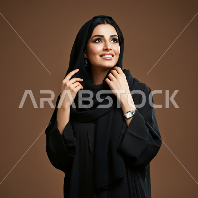 مفهوم الأنوثة والنعومة لدى النساء السعوديات، الشياكة والأناقة والاهتمام بالمظهر الخارجي, تعابير السعادة والسرور ، بورتريه مقرب لإمرأة عربية خليجية سعودية محجبة مبتسمة ترتدي العباءة السوداء تنظر إلى مكان ما في الأعلى بإيماءات الثقة بالنفس والفرح، خلفية بنية