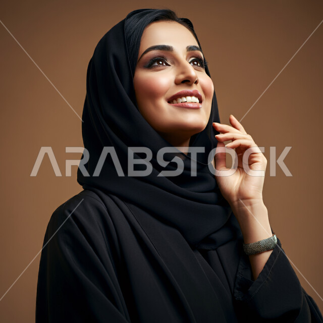مفهوم الأنوثة والنعومة لدى النساء السعوديات، الشياكة والأناقة والاهتمام بالمظهر الخارجي, تعابير السعادة والسرور ، بورتريه مقرب لإمرأة عربية خليجية سعودية محجبة مبتسمة ترتدي العباءة السوداء تنظر إلى مكان ما في الأعلى بإيماءات الثقة بالنفس والفرح، خلفية بنية