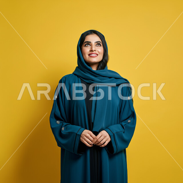 النظر والتأمل بإيماءات السعادة والسرور، مفهوم الأنوثة والنعومة، بورتريه مقرب لامرأة عربية خليجية سعودية محجبة مبتسمة ترتدي العباءة الزرقاء تنظر إلى الأعلى  بتعابير الثقة بالنفس والفرح، الأعتناء بالأناقة والمظهر الخارجي، خلفية صفراء