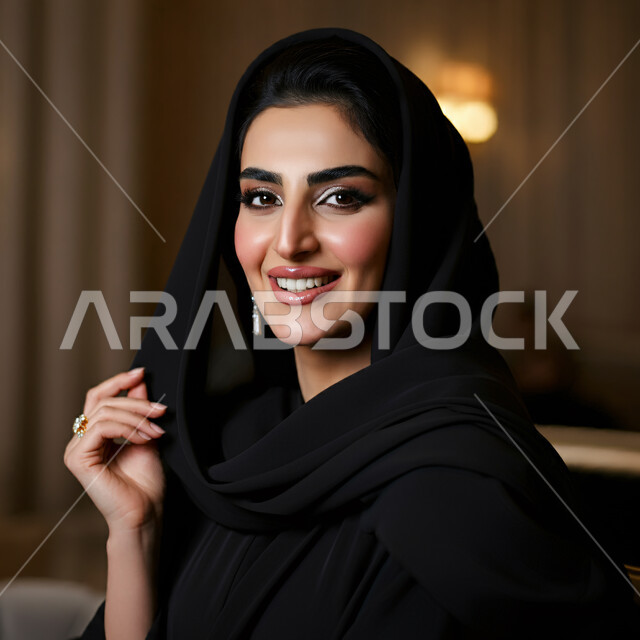 التزين والاطلالة المتألقة، مفهوم الأنوثة والنعومة، صورة مقربة لامرأة عربية خليجية سعودية محجبة مبتسمة ترتدي العباءة السوداء تنظر إلى الكاميرا  بإيماءات الثقة بالنفس والفرح، الاهتمام بالأناقة والمظهر الخارجي، تعابير السرور والسعادة، حجابات نسائية عصرية حديثة