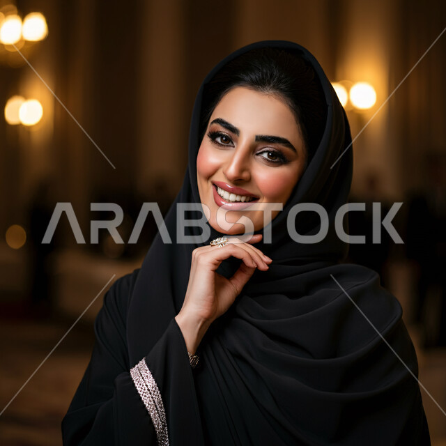 التزين والاطلالة المتألقة، مفهوم الأنوثة والنعومة، صورة مقربة لامرأة عربية خليجية سعودية محجبة مبتسمة ترتدي العباءة السوداء تنظر إلى الكاميرا  بإيماءات الثقة بالنفس والفرح، الاهتمام بالأناقة والمظهر الخارجي، تعابير السرور والسعادة، حجابات نسائية عصرية حديثة