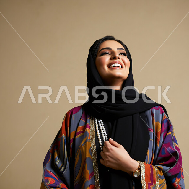 مفهوم الموضة والأناقة والاهتمام بالمظهر الخارجي، تعابير الفرح والسرور، بورتريه مقرب لأمراة عربية خليجية سعودية محجبة مبتسمة ترتدي العباءة الملونة تغمض غينيها بتعابير الضحك الهستيري، النعومة والأنوثة والشياكة، خلفية بيج