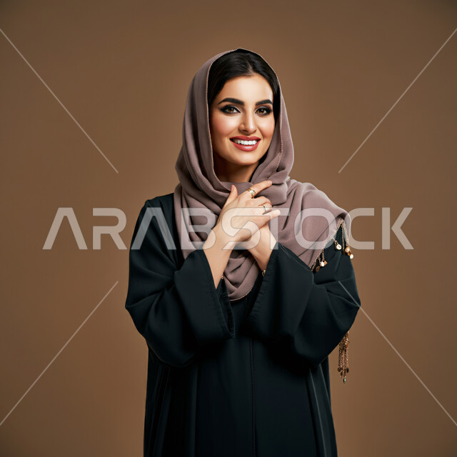 الاهتمام بالمظهر الخارجي والشياكة والأناقة, تعابير السعادة والسرور ، بورتريه مقرب لإمرأة عربية خليجية سعودية ترتدي العباءة السوداء تنظر إلى الكاميرا بإيماءات الثقة بالنفس والفرح، مفهوم الأنوثة والنعومة لدى النساء السعوديات، خلفية بنية