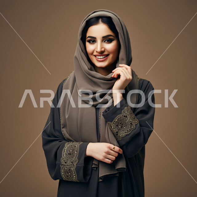 الاهتمام بالمظهر الخارجي والشياكة والأناقة, تعابير السعادة والسرور ، بورتريه مقرب لإمرأة عربية خليجية سعودية ترتدي العباءة السوداء تنظر إلى الكاميرا بإيماءات الثقة بالنفس والفرح، مفهوم الأنوثة والنعومة لدى النساء السعوديات، خلفية بنية