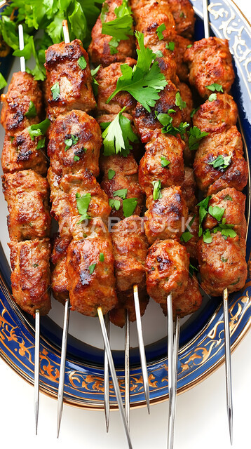 وجبة ذات قيمة غذائية عالية, وصفات المطبخ السعودي الغني بالنكهات المميزة، أطعمة غنية بالبروتين، مطاعم للمأكولات العربية الشرقية، طبق من أسياخ اللحم المشوية، خلفية بيضاء