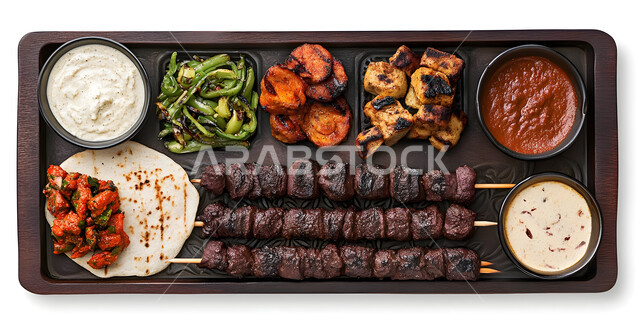 وجبة ذات قيمة غذائية عالية, وصفات المطبخ السعودي الغني بالنكهات المميزة، أطعمة غنية بالبروتين، مطاعم للمأكولات العربية الشرقية، طبق معدني مكون من أسياخ اللحم والصلصات والخضروات، خلفية بيضاء