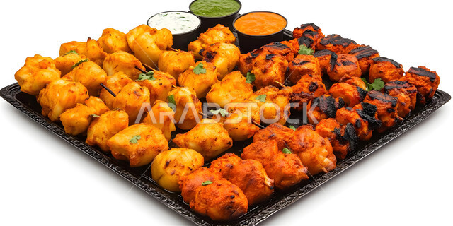 وجبة ذات قيمة غذائية عالية, وصفات المطبخ السعودي الغني بالنكهات المميزة، أطعمة غنية بالبروتين، مطاعم للمأكولات العربية الشرقية، طبق معدني مكون من أسياخ اللحم والصلصات والخضروات، خلفية بيضاء