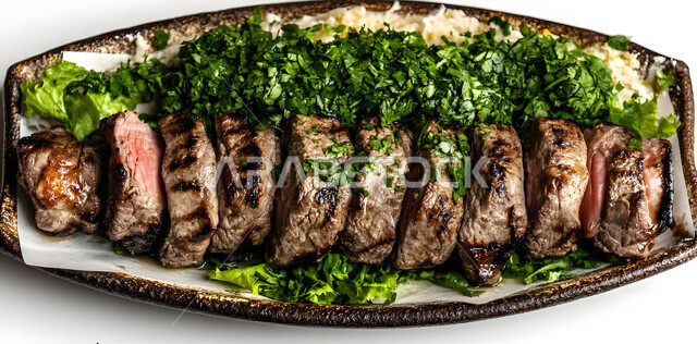 وجبة ذات قيمة غذائية عالية, وصفات المطبخ السعودي الغني بالنكهات المميزة، أطعمة غنية بالبروتين، مطاعم للمأكولات العربية الشرقية، طبق معدني مكون من اللحم المشوي و الخضار، خلفية بيضاء