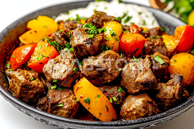 وجبة ذات قيمة غذائية عالية, وصفات المطبخ السعودي الغني بالنكهات المميزة، أطعمة غنية بالبروتين، مطاعم للمأكولات العربية الشرقية، طبق معدني مكون من اللحم المشوي و الخضار، خلفية بيضاء