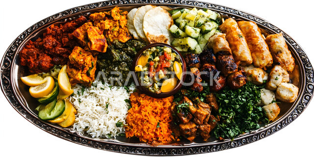 مطاعم للمأكولات العربية الشرقية، طبق معدني مزخرف مكون من أسياخ مشوية من اللحومات والدجاج المتنوعة الشهية مع الصلصة و الخضار، وصفات المطبخ السعودي الغني بالنكهات المميزة، وجبة ذات قيمة غذائية عالية, أطعمة غنية بالبروتين، خلفية بيضاء