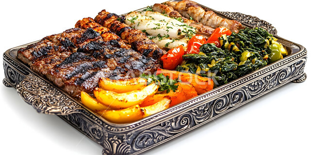 مطاعم للمأكولات العربية الشرقية، طبق معدني مزخرف مكون من أسياخ مشوية من اللحومات والدجاج المتنوعة الشهية مع الصلصة و الخضار، وصفات المطبخ السعودي الغني بالنكهات المميزة، وجبة ذات قيمة غذائية عالية, أطعمة غنية بالبروتين، خلفية بيضاء