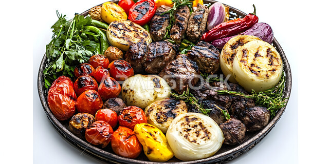 مطاعم للمأكولات العربية الشرقية، طبق معدني مزخرف مكون من أسياخ مشوية من اللحومات والدجاج المتنوعة الشهية مع الصلصة و الخضار، وصفات المطبخ السعودي الغني بالنكهات المميزة، وجبة ذات قيمة غذائية عالية, أطعمة غنية بالبروتين، خلفية بيضاء