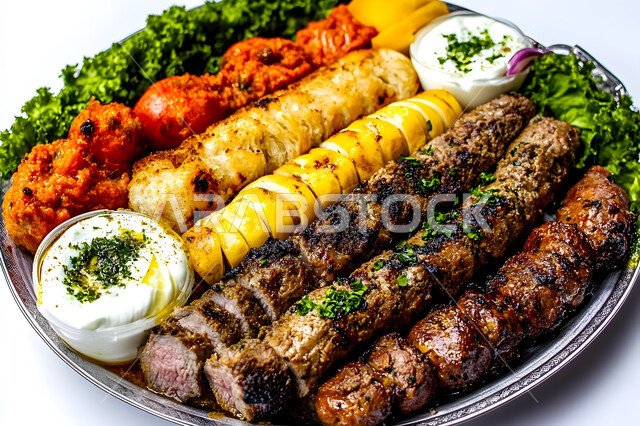 Eastern Arab cuisine restaurants, a decorated metal plate consisting of grilled skewers of a variety of delicious meats and chicken with sauce and vegetables, Saudi cuisine recipes rich in distinctive flavours, a meal with high nutritional value, foods rich in protein, white background