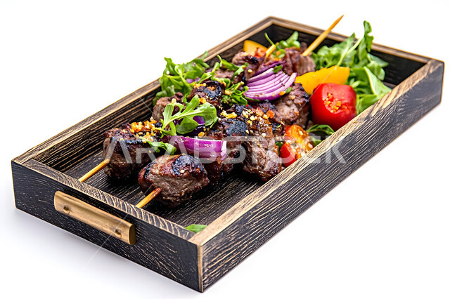 وجبة ذات قيمة غذائية عالية, مطاعم للمأكولات العربية الشرقية، صينية خشبية مكونة من أسياخ مشوية ومزينة بالخضار، وصفات المطبخ السعودي الغني بالنكهات المميزة، أطعمة غنية بالبروتين، خلفية بيضاء