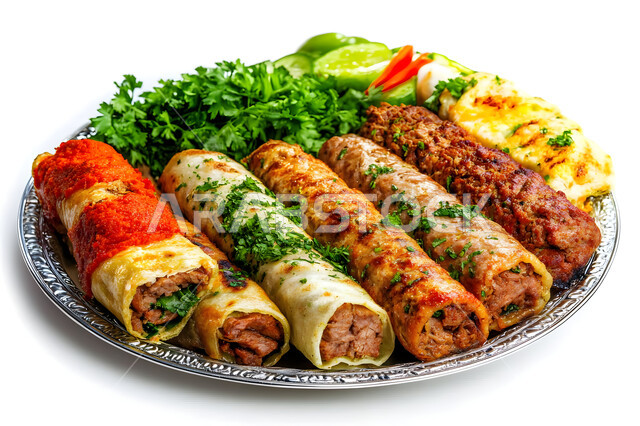A meal with a high nutritional value, restaurants with oriental Arabic food, a plate of kebab sandwich with vegetables, Saudi cuisine recipes rich in distinctive flavours, foods rich in protein, white background