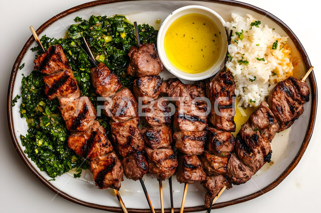 A meal with a high nutritional value, restaurants with oriental Arabic food, a plate of kebab skewers with rice, vegetables and sauce, Saudi cuisine recipes rich in distinctive flavours, foods rich in protein, white background