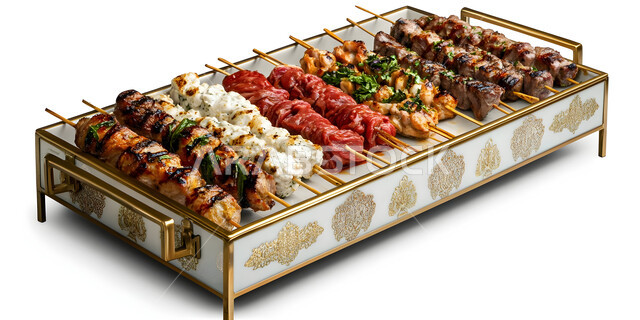 وجبة ذات قيمة غذائية عالية, مطاعم للمأكولات العربية الشرقية، طبق معدني مزخرف باللون الذهبي مكون من أسياخ اللحوم والخضراوات ، وصفات المطبخ السعودي الغني بالنكهات المميزة، أطعمة غنية بالبروتين، خلفية بيضاء