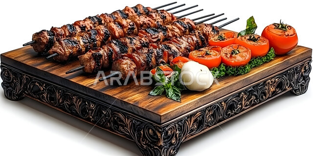 A meal with a high nutritional value, restaurants with oriental Arabic food, a decorated wooden plate of grilled kebab skewers with vegetables, Saudi cuisine recipes rich in distinctive flavours, foods rich in protein, white background