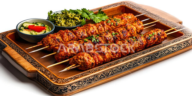 مطاعم للمأكولات العربية الشرقية، طبق خشبي مزخرف من أسياخ اللحم المشوية مع الصلصة و الخضراوات، وصفات المطبخ السعودي الغني بالنكهات المميزة، أطعمة غنية بالبروتين، وجبة ذات قيمة غذائية عالية, خلفية بيضاء
