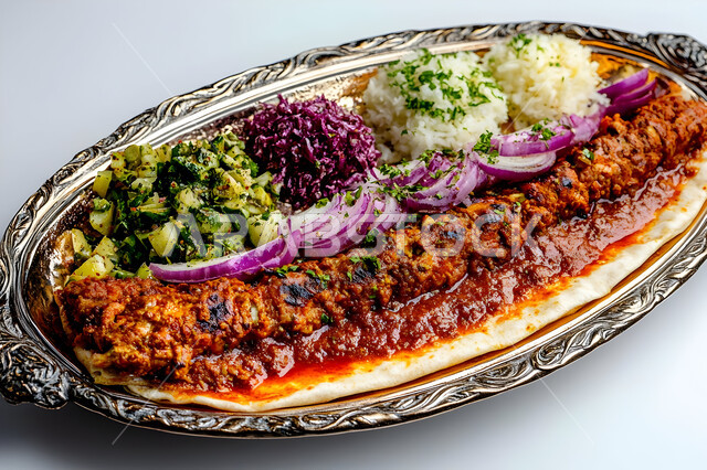 مطاعم للمأكولات العربية الشرقية، طبق معدني مزخرف من اللحوم المشوية والأرز والخضروات الطازجة، وصفات المطبخ السعودي الغني بالنكهات المميزة، أطعمة غنية بالبروتين، وجبة ذات قيمة غذائية عالية, خلفية بيضاء