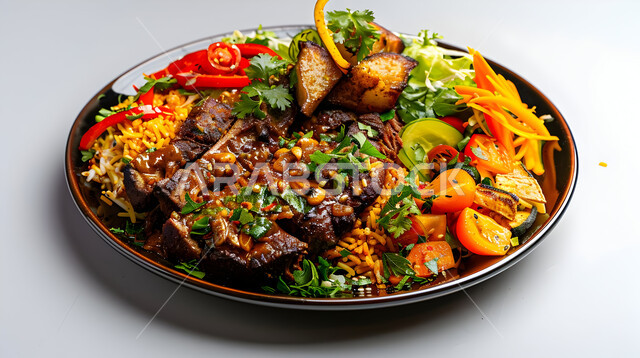 وجبة ذات قيمة غذائية عالية, وصفات المطبخ السعودي الغني بالنكهات المميزة، أطعمة غنية بالبروتين، مطاعم للمأكولات العربية الشرقية، طبق معدني مكون من اللحم المشوي و الخضار، خلفية بيضاء