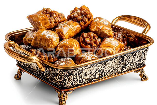 كرم الضيافة وحسن الاستقبال في العيد، أجواء الاحتفال بالأعياد والمناسبات، طبق معدني مزخرف من التسالي وقطع الحلوى الشهية، فنون تقديم الطعام، منتجات محلية وطنية من المملكة العربية السعودية, خلفية بيضاء