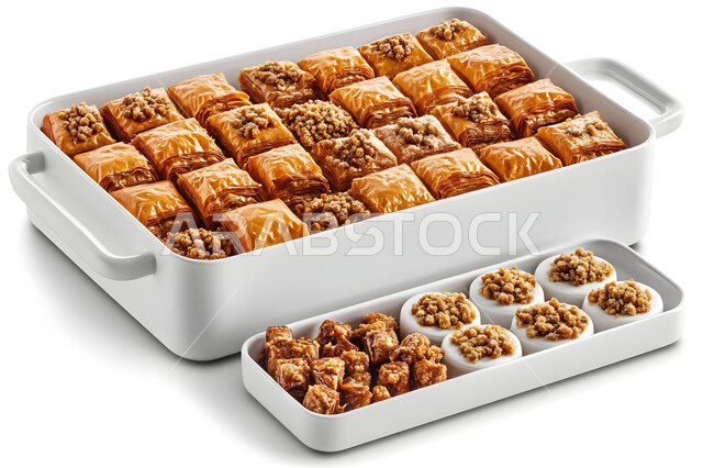 كرم الضيافة وحسن الاستقبال في العيد، أجواء الاحتفال بالأعياد والمناسبات، صينية من قطع حلى البقلاوة، فنون تقديم الطعام، منتجات محلية وطنية من المملكة العربية السعودية, خلفية بيضاء