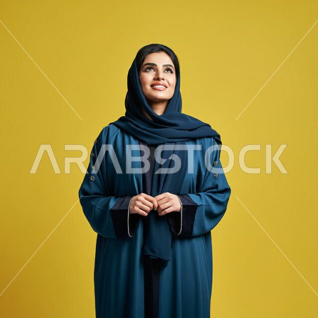  تعابير البهجة والسرور والسعادة، الاهتمام بالأناقة والمظهر الخارجي، مفهوم الأنوثة والنعومة، بورتريه مقرب لامرأة عربية خليجية سعودية محجبة مبتسمة ترتدي العباءة الزرقاء تنظر إلى الأعلى  بإيماءات الثقة بالنفس والفرح، خلفية صفراء