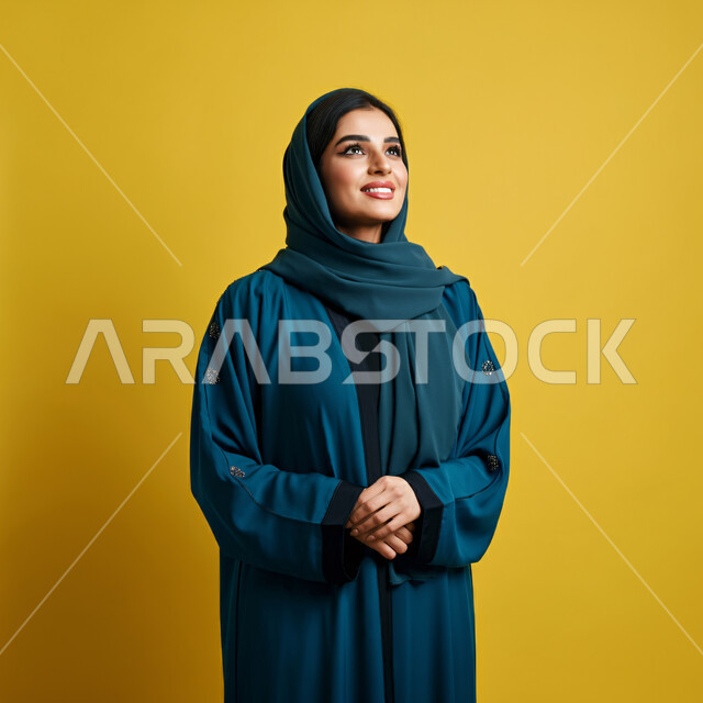  تعابير البهجة والسرور والسعادة، الاهتمام بالأناقة والمظهر الخارجي، مفهوم الأنوثة والنعومة، بورتريه مقرب لامرأة عربية خليجية سعودية محجبة مبتسمة ترتدي العباءة الزرقاء تنظر إلى الأعلى  بإيماءات الثقة بالنفس والفرح، خلفية صفراء