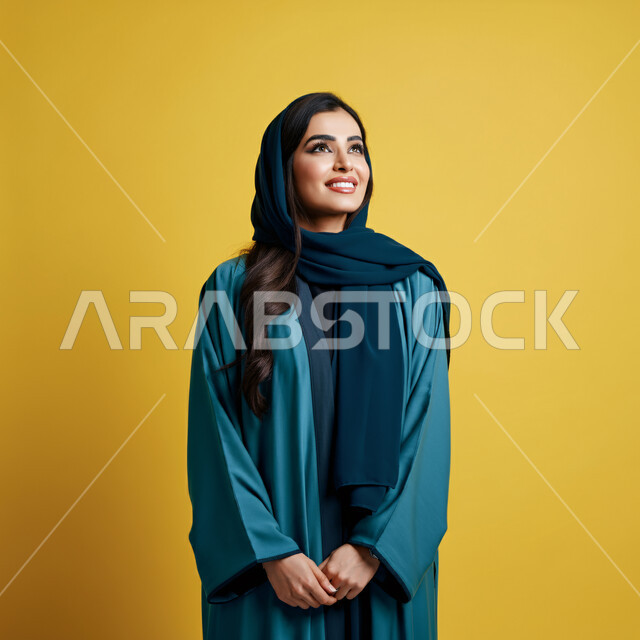  تعابير البهجة والسرور والسعادة، الاهتمام بالأناقة والمظهر الخارجي، مفهوم الأنوثة والنعومة، بورتريه مقرب لامرأة عربية خليجية سعودية محجبة مبتسمة ترتدي العباءة الزرقاء تنظر إلى الأعلى  بإيماءات الثقة بالنفس والفرح، خلفية صفراء