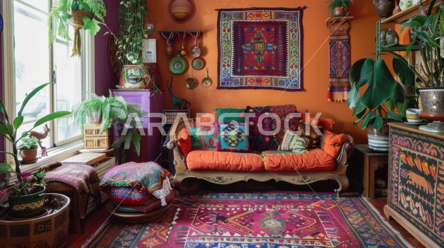 التصاميم الداخلية لغرف الجلوس على الطراز العربي الاسلامي، واجهه زجاجية مطلة على الاشجار والنباتات الخضراء، غرفة معيشة مع أثاث منزلي ومجالس عربية تقليدية، تحف واكسسوارات أنيقة، ديكور داخلي راقي للفلل والشقق السكنية في المملكة العربية السعودية