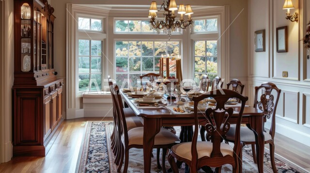 استخدام الطراز الفني الانيق في الاثاث المنزلي، الفنون الهندسية في تصميم طاولة الطعام ضخمة، غرفة سفرة بتصاميم راقية، ديكورات منزلية داخلية حديثة لغرف الطعام، شقق وفلل سكنية في المملكة العربية السعودية، واجهات زجاجية كبيرة