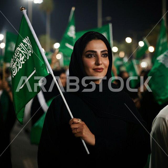 ذكرى العيد الوطني السعودي 23 سبتمبر, صورة مقربة لامرأة عربية خليجية محجبة ترتدي العباءة السوداء تحمل بيدها علم السعودية للاحتفال بيوم العلم 11مارس, التعبير عن الفخر والاعتزاز بالانتماء للمملكة