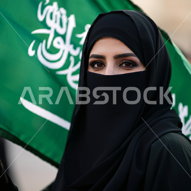 ذكرى العيد الوطني السعودي 23 سبتمبر, صورة مقربة لامرأة عربية خليجية محجبة ترتدي العباءة السوداء تحمل بيدها علم السعودية للاحتفال بيوم العلم 11مارس, التعبير عن الفخر والاعتزاز بالانتماء للمملكة