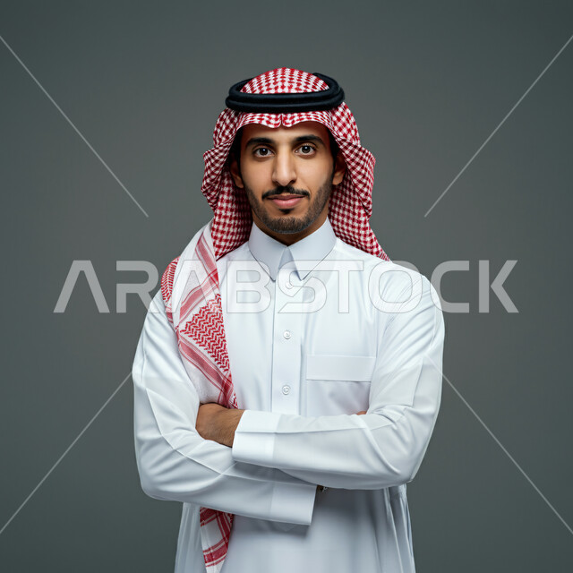 الاهتمام بالأناقة والمظهر الخارجي، بورتريه مقرب لرجل عربي خليجي سعودي يرتدي الشماغ والثوب التقليدي ينظر إلى الكاميرا بإيماءات الثقة بالنفس، صورة شخصية للوثائق الرسمية، خلفية رمادية