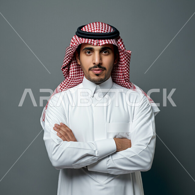 الاهتمام بالأناقة والمظهر الخارجي، بورتريه مقرب لرجل عربي خليجي سعودي يرتدي الشماغ والثوب التقليدي ينظر إلى الكاميرا بإيماءات الثقة بالنفس، صورة شخصية للوثائق الرسمية، خلفية رمادية