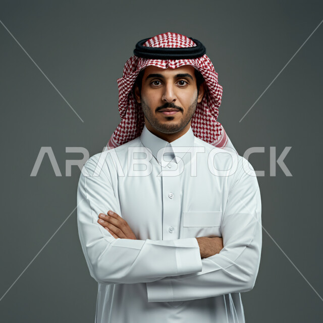 الاهتمام بالأناقة والمظهر الخارجي، بورتريه مقرب لرجل عربي خليجي سعودي يرتدي الشماغ والثوب التقليدي ينظر إلى الكاميرا بإيماءات الثقة بالنفس، صورة شخصية للوثائق الرسمية، خلفية رمادية