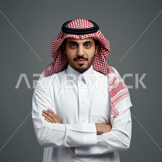 الاهتمام بالأناقة والمظهر الخارجي، بورتريه مقرب لرجل عربي خليجي سعودي يرتدي الشماغ والثوب التقليدي ينظر إلى الكاميرا بإيماءات الثقة بالنفس، صورة شخصية للوثائق الرسمية، خلفية رمادية