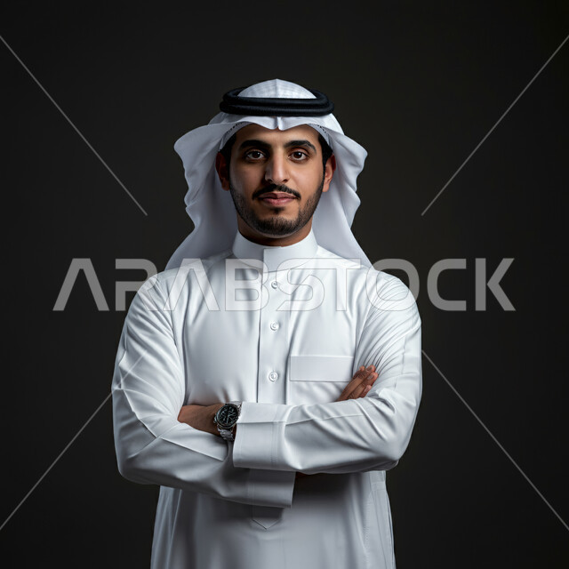 الاهتمام بالأناقة والمظهر الخارجي، بورتريه مقرب لرجل عربي خليجي سعودي يرتدي الشماغ والثوب التقليدي ينظر إلى الكاميرا بإيماءات الثقة بالنفس، صورة شخصية للوثائق الرسمية، خلفية سوداء