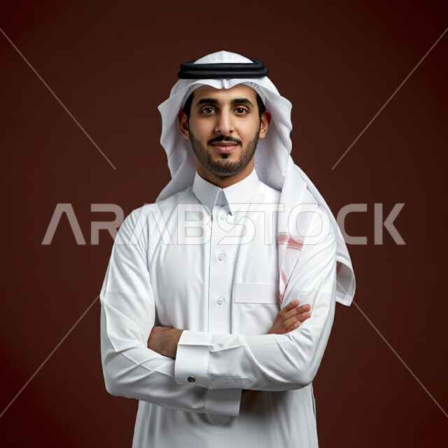 الاهتمام بالأناقة والمظهر الخارجي، بورتريه مقرب لرجل عربي خليجي سعودي يرتدي الشماغ والثوب التقليدي ينظر إلى الكاميرا بإيماءات الثقة بالنفس، صورة شخصية للوثائق الرسمية، خلفية خمرية