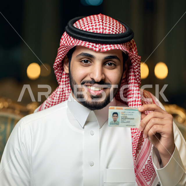 التعريف عن الهوية الشخصية, مفهوم الاناقة والاهتمام بالمظهر الخارجي, صورة مقربة لرجل عربي خليجي سعودي مبتسم يرتدي الثوب التقليدي والشماغ ينظر الى الكاميرا بايماءات الثقة بالفس والسرور