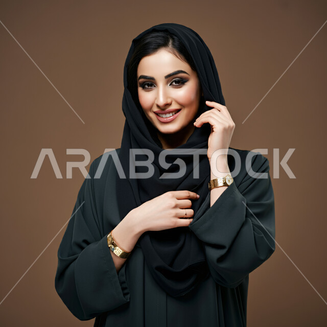 أزياء محجبات عصرية راقية، مفهوم الأناقة والاهتمام بالمظهر الخارجي، بورتريه مقرب لامرأة عربية خليجية سعودية محجبة مبتسمة ترتدي العباءة الحديثة وتنظر الى الكاميرا بإيماءات السرور و الثقة بالنفس، خلفية بنية 