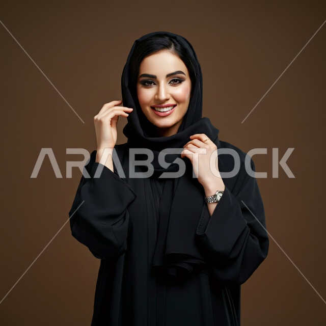 Modern and elegant veiled fashion, the concept of elegance and interest in the external appearance, a close-up portrait of a smiling veiled Saudi Arabian Gulf woman wearing a modern abaya and looking at the camera with gestures of pleasure and self-confidence, brown background