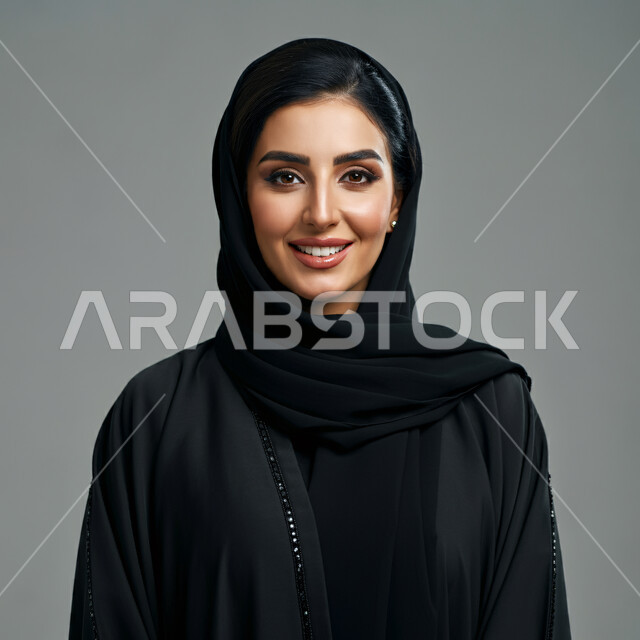 أزياء محجبات عصرية راقية، مفهوم الأناقة والاهتمام بالمظهر الخارجي، بورتريه مقرب لامرأة عربية خليجية سعودية محجبة مبتسمة ترتدي العباءة الحديثة وتنظر الى الكاميرا بإيماءات السرور و الثقة بالنفس، خلفية رمادية 
