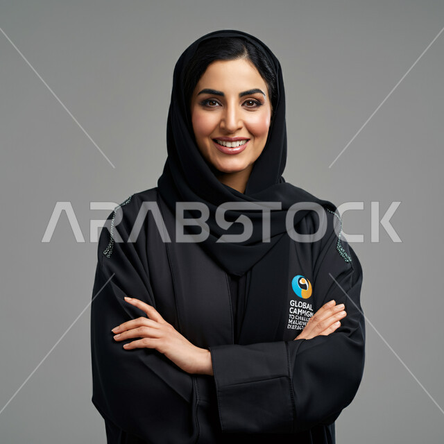 نظرات وتعابير السرور، أزياء محجبات عصرية راقية، مفهوم الأناقة والاهتمام بالمظهر الخارجي، بورتريه مقرب لامرأة عربية خليجية سعودية مبتسمة ترتدي الحجاب والعباءة تقف بايدي متقاطعة وتنظر الى الكاميرا بإيماءات الثقة بالنفس، خلفية رمادية 