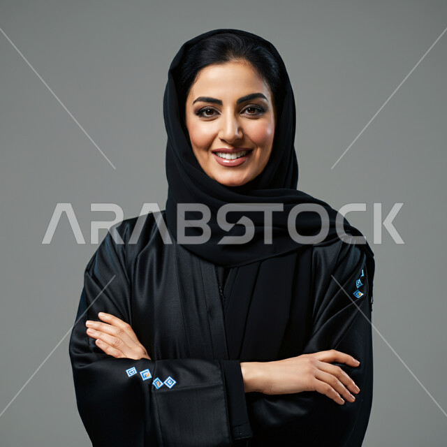 نظرات وتعابير السرور، أزياء محجبات عصرية راقية، مفهوم الأناقة والاهتمام بالمظهر الخارجي، بورتريه مقرب لامرأة عربية خليجية سعودية مبتسمة ترتدي الحجاب والعباءة تقف بايدي متقاطعة وتنظر الى الكاميرا بإيماءات الثقة بالنفس، خلفية رمادية 